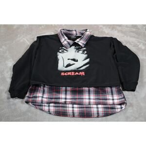 Scream Sweatshirt Womens‎ Medium Black Plaid Layered Collared Horror Graphic